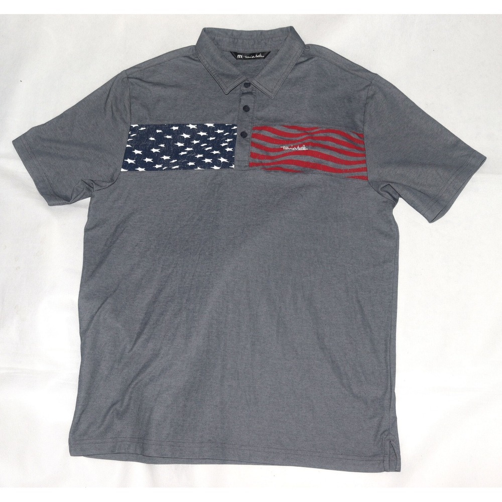 Travis Mathew Men's Short Sleeve Stars & Stripes Golf Polo Gray Shirt Size Large